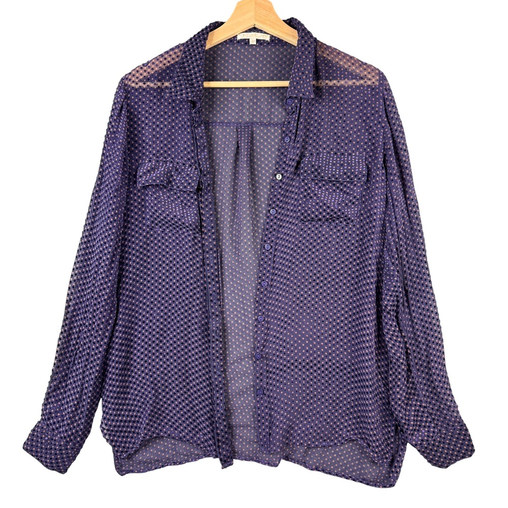 Gold Hawk Purple Sheer Silk Polka Dot Flocked Velvet Button Up Shirt Small top
